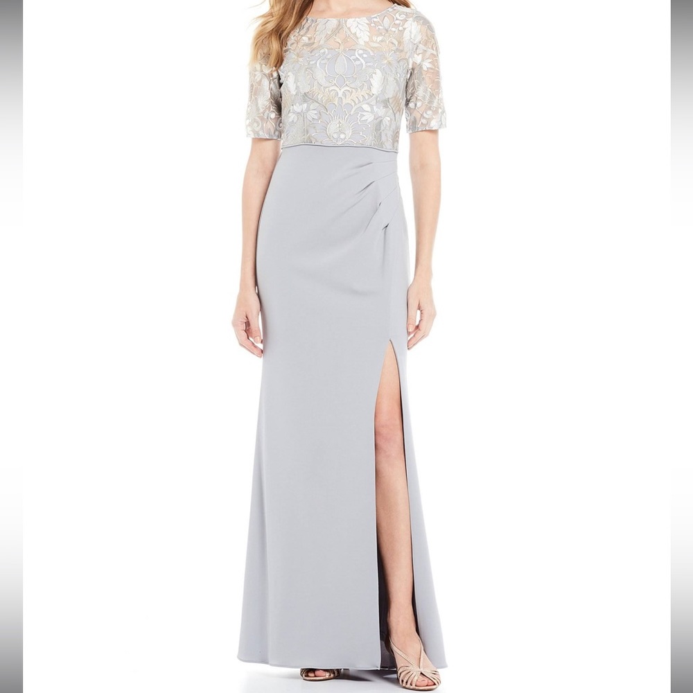 Adrianna Papell Boat Neck Pleated Slip Embroidered Bodice Mesh Gown Size 4